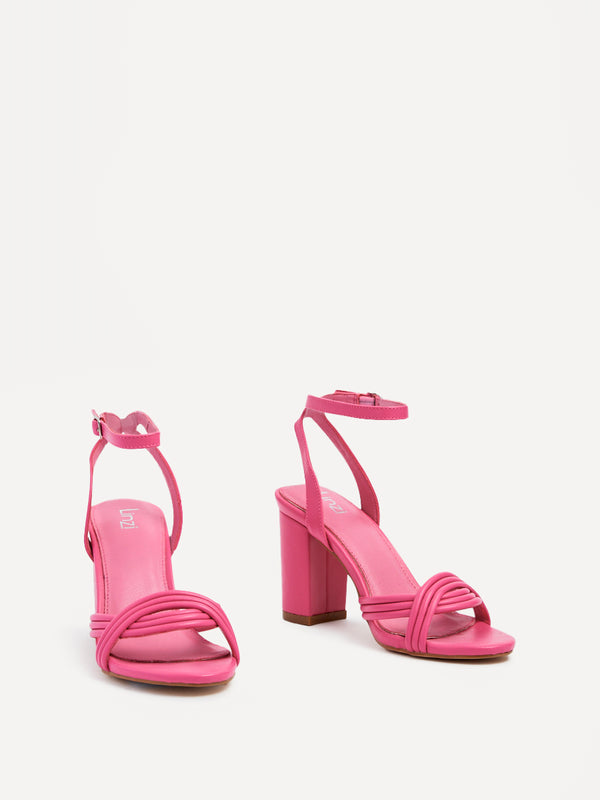 Linzi Pink Faux Leather Block Heeled Sandal With Intertwined Front Straps