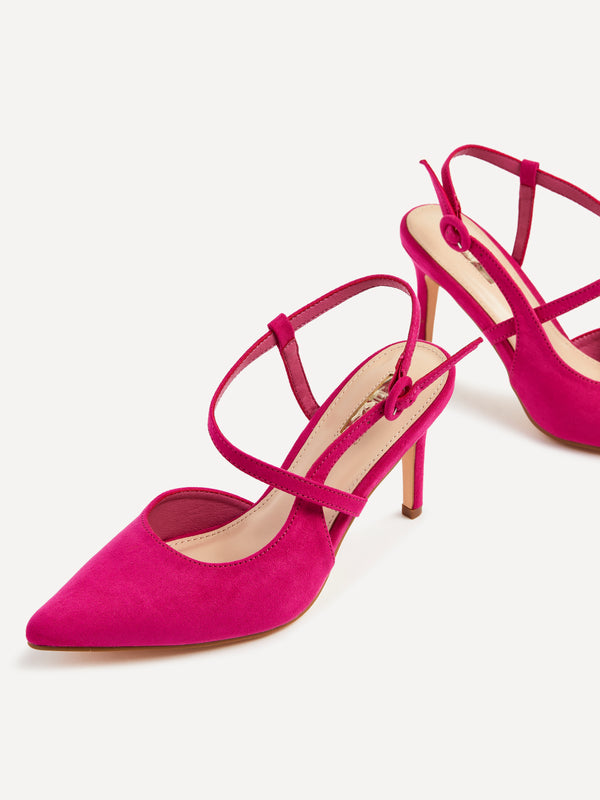 Linzi Pink Faux Suede Wrap Around Sandal Black Court Heel
