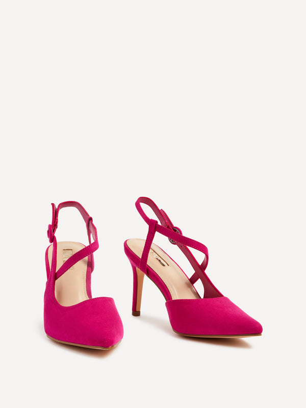Linzi Pink Faux Suede Wrap Around Sandal Black Court Heel