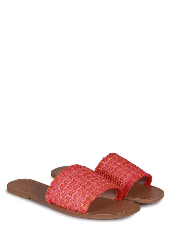 Linzi Pink & Orange Raffia Slip On Slider With Fringing