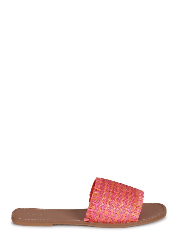Linzi Pink & Orange Raffia Slip On Slider With Fringing