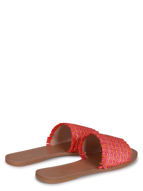Linzi Pink & Orange Raffia Slip On Slider With Fringing