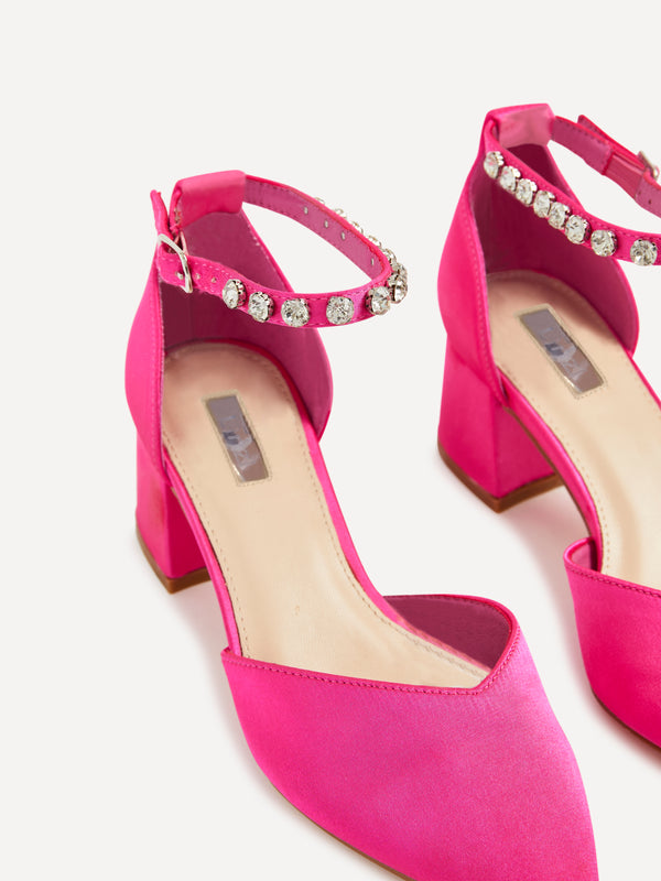 Linzi Pink Satin Low Block Court Heel With Diamante Ankle Strap
