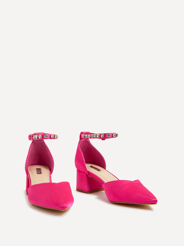 Linzi Pink Satin Low Block Court Heel With Diamante Ankle Strap