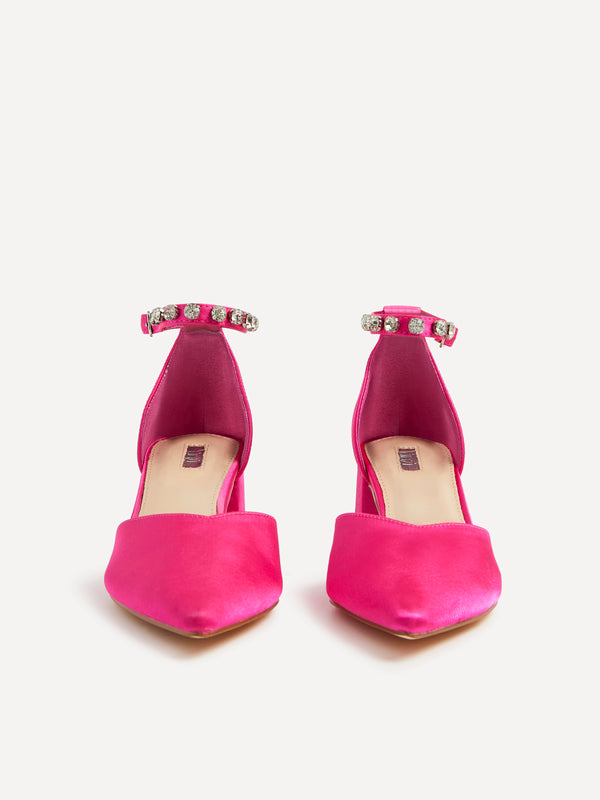 Linzi Pink Satin Low Block Court Heel With Diamante Ankle Strap
