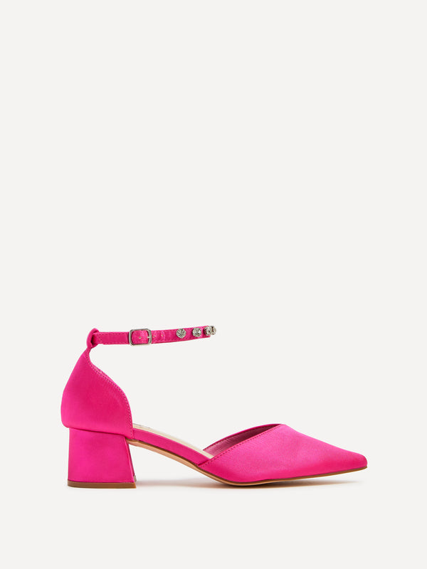 linzi Pink Satin Low Block Court Heel With Diamante Ankle Strap