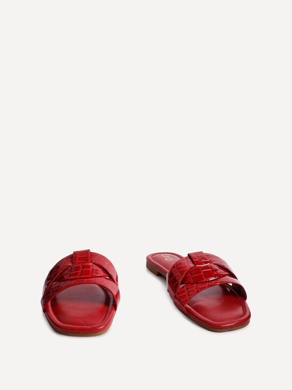 Linzi Red Croc Faux Leather Slider With Woven Front Strap