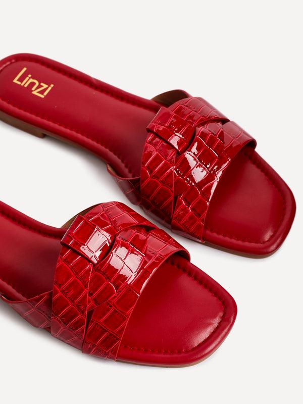 Linzi Red Croc Faux Leather Slider With Woven Front Strap