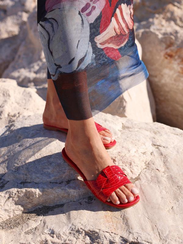 linzi Red Croc Faux Leather Slider With Woven Front Strap