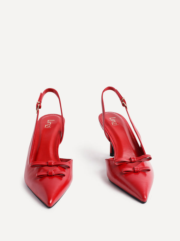 Linzi Red Faux Leather Court Heels With Double Bow Detail