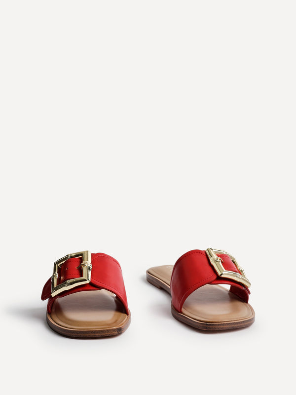 Linzi Red Faux Leather Flat Slider Sandal With Buckle Detail