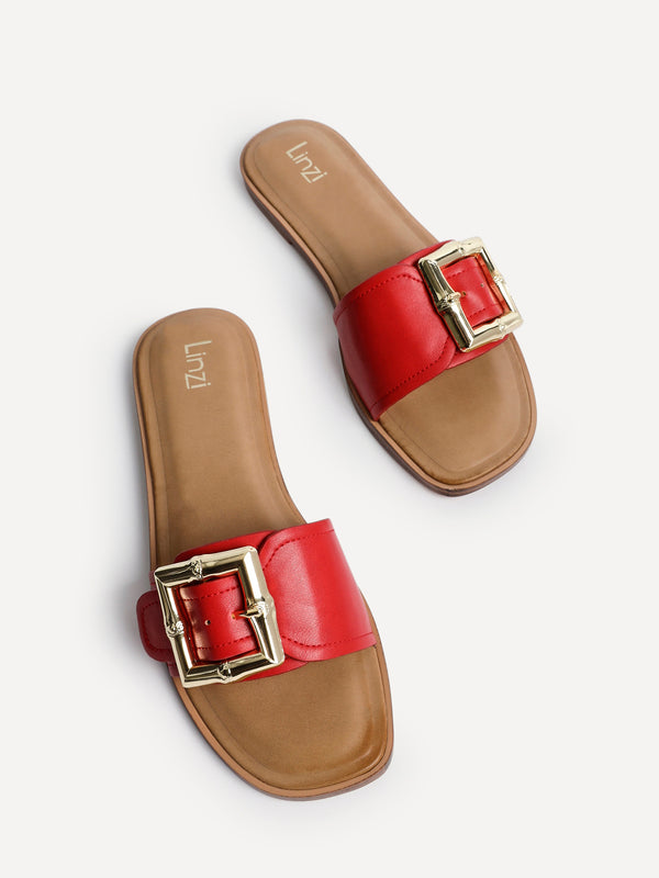 Linzi Red Faux Leather Flat Slider Sandal With Buckle Detail
