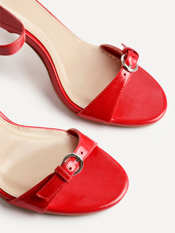 Linzi Red Faux Leather Stiletto Heeled Sandals With Buckle Detail