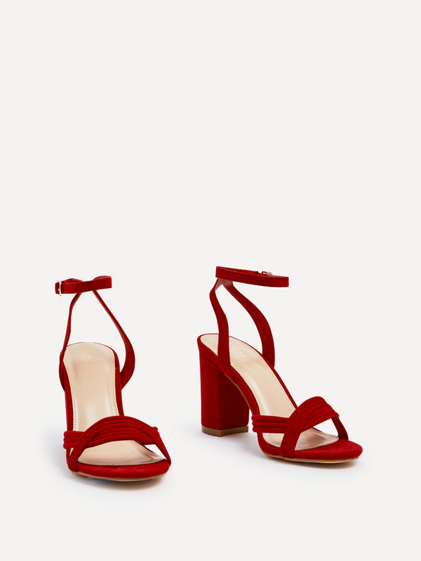 Linzi Red Faux Suede Block Heeled Sandal With Intertwined Front Straps