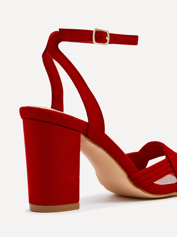Linzi Red Faux Suede Block Heeled Sandal With Intertwined Front Straps