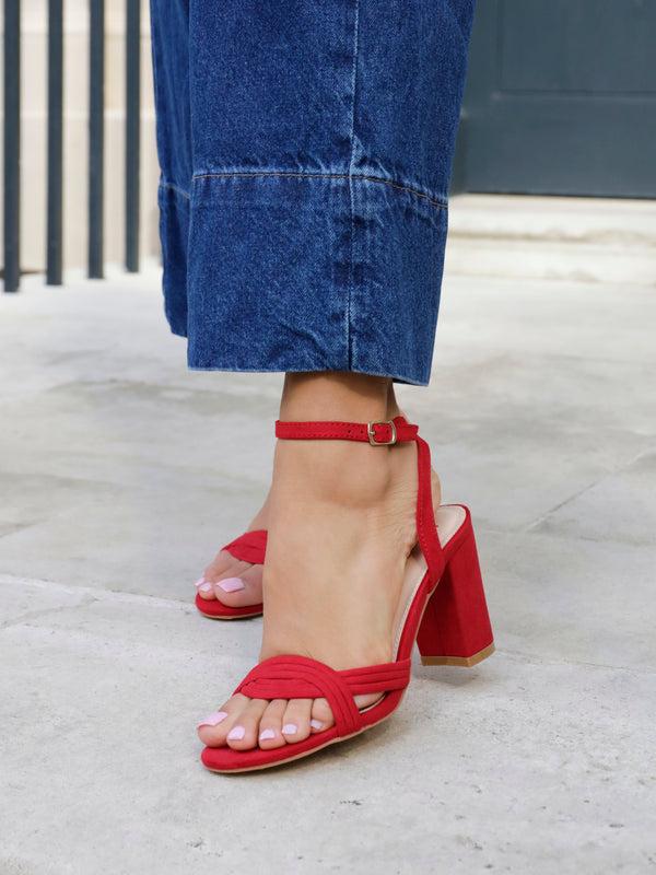linzi Red Faux Suede Block Heeled Sandal With Intertwined Front Straps
