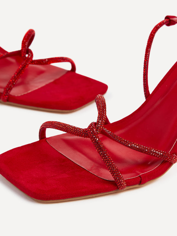 Linzi Red Faux Suede Diamante Embellishes Strappy Heel
