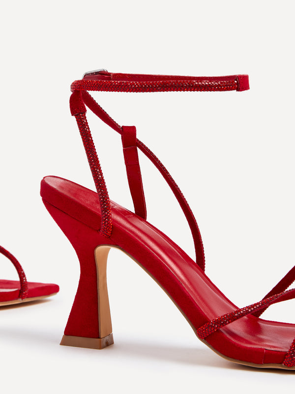 Linzi Red Faux Suede Diamante Embellishes Strappy Heel