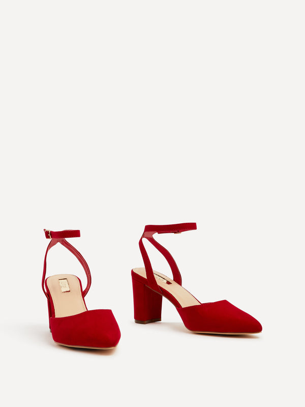 Linzi Red Faux Suede Mid Height Court Shoe With Sandal Back