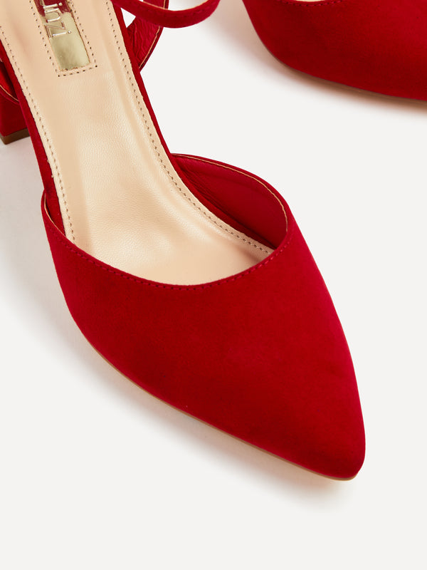 Linzi Red Faux Suede Mid Height Court Shoe With Sandal Back