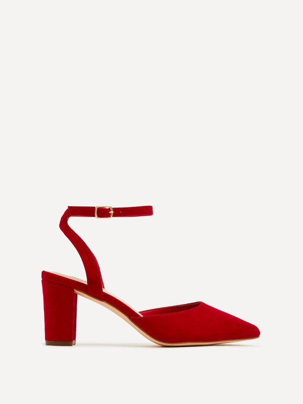 linzi Red Faux Suede Mid Height Court Shoe With Sandal Back