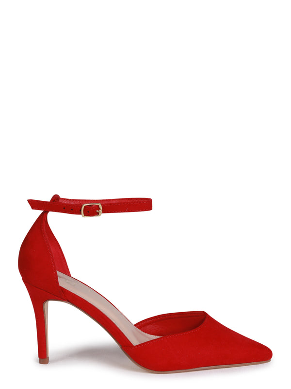 Linzi Red Faux Suede Stiletto Court Heel With Ankle Strap