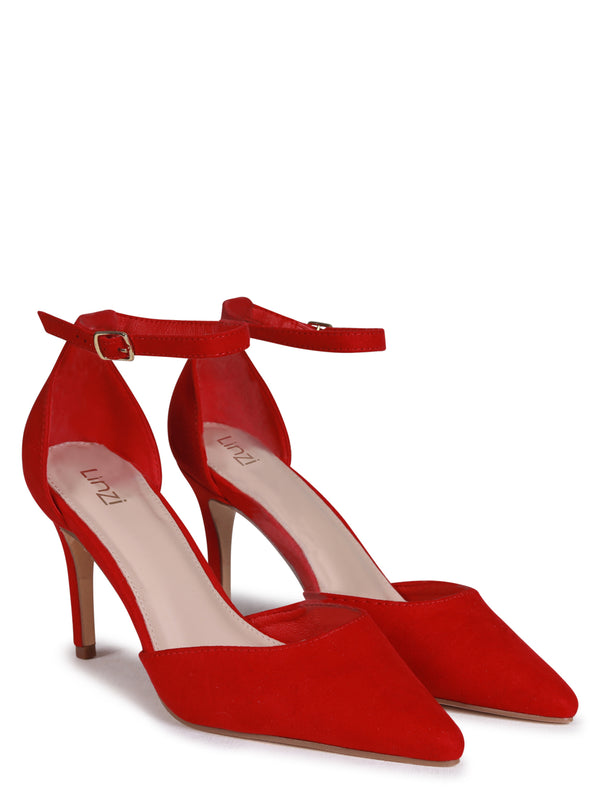 Linzi Red Faux Suede Stiletto Court Heel With Ankle Strap
