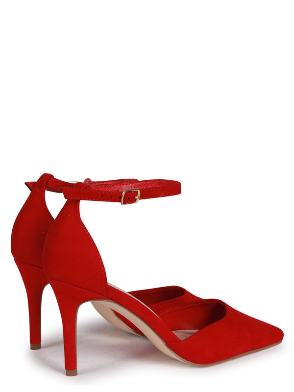 Linzi Red Faux Suede Stiletto Court Heel With Ankle Strap