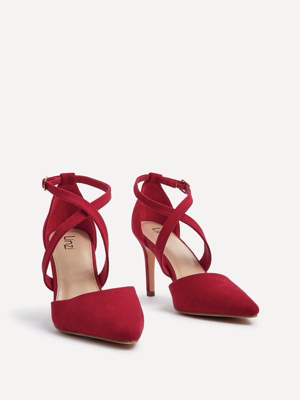 Linzi Red Faux Suede Stiletto Court Heel With Crossover Front Strap