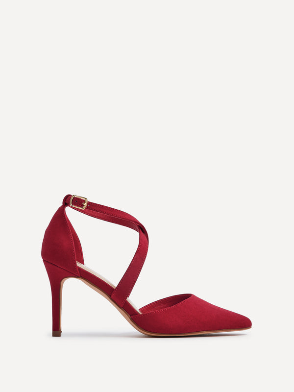 Linzi Red Faux Suede Stiletto Court Heel With Crossover Front Strap