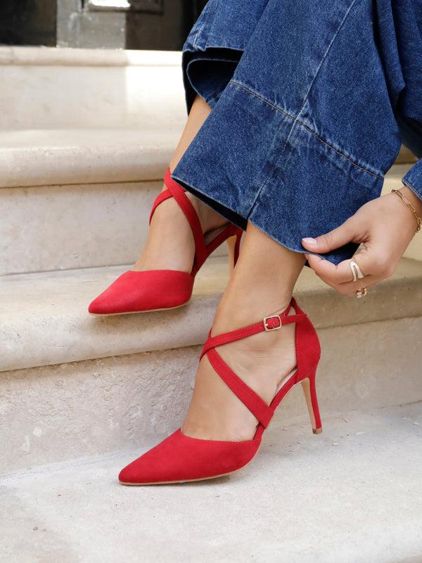 linzi Red Faux Suede Stiletto Court Heel With Crossover Front Strap