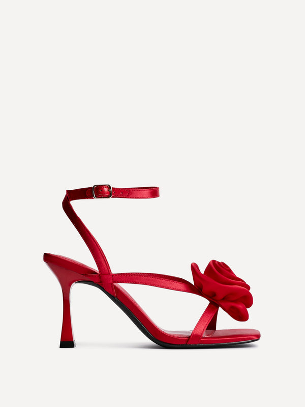 Linzi Red Satin Stiletto Heeled Sandals With Flower Detail