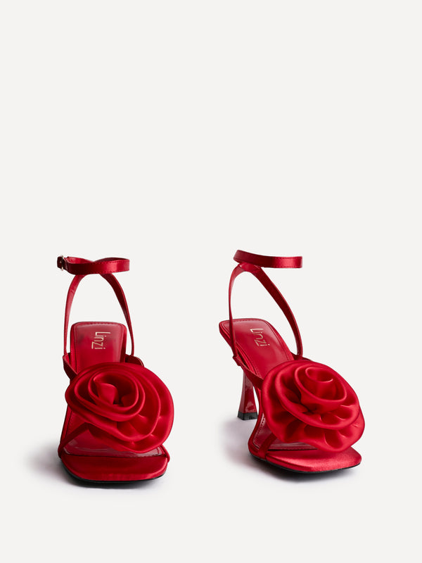 Linzi Red Satin Stiletto Heeled Sandals With Flower Detail