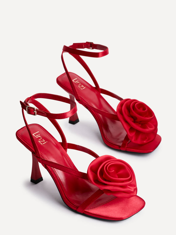 Linzi Red Satin Stiletto Heeled Sandals With Flower Detail