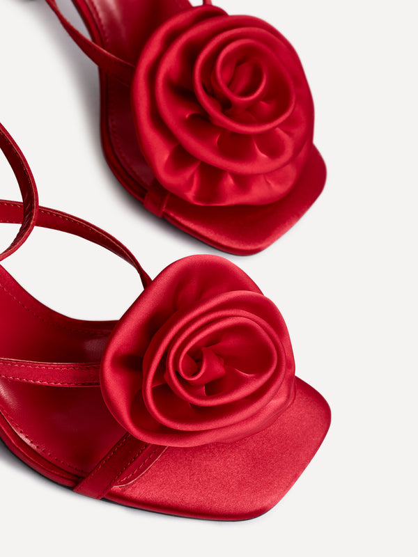 Linzi Red Satin Stiletto Heeled Sandals With Flower Detail