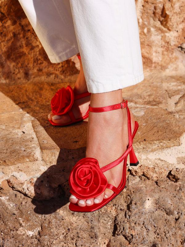 linzi Red Satin Stiletto Heeled Sandals With Flower Detail