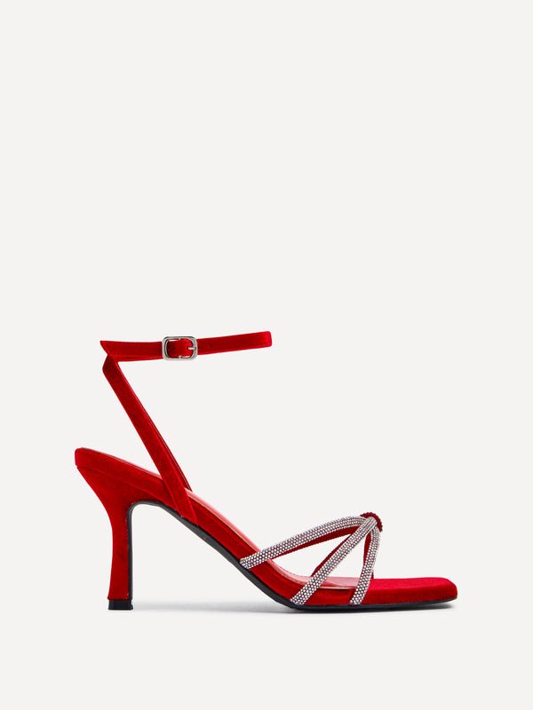 Linzi Red Velvet Stiletto Heeled Sandal With Diamante Knot Detail