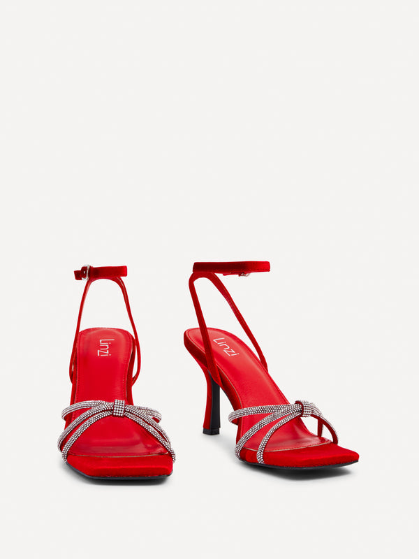 Linzi Red Velvet Stiletto Heeled Sandal With Diamante Knot Detail