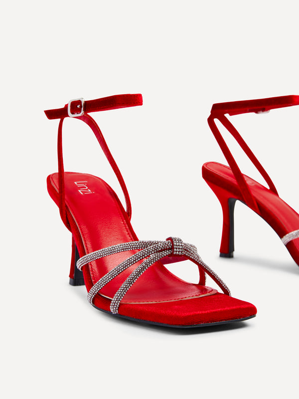 Linzi Red Velvet Stiletto Heeled Sandal With Diamante Knot Detail