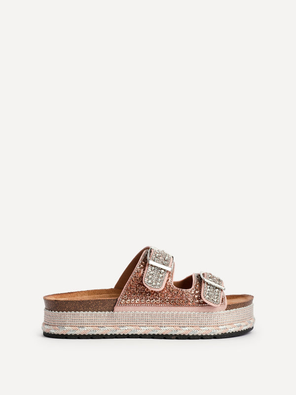 Linzi Rose Gold Diamante Double Buckle Flatform Slider Sandal