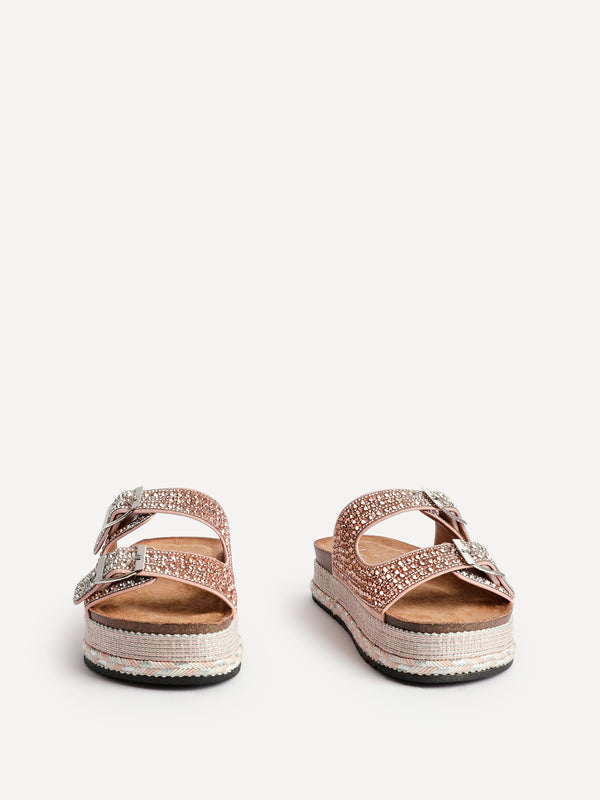 Linzi Rose Gold Diamante Double Buckle Flatform Slider Sandal