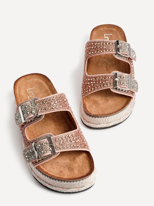 Linzi Rose Gold Diamante Double Buckle Flatform Slider Sandal