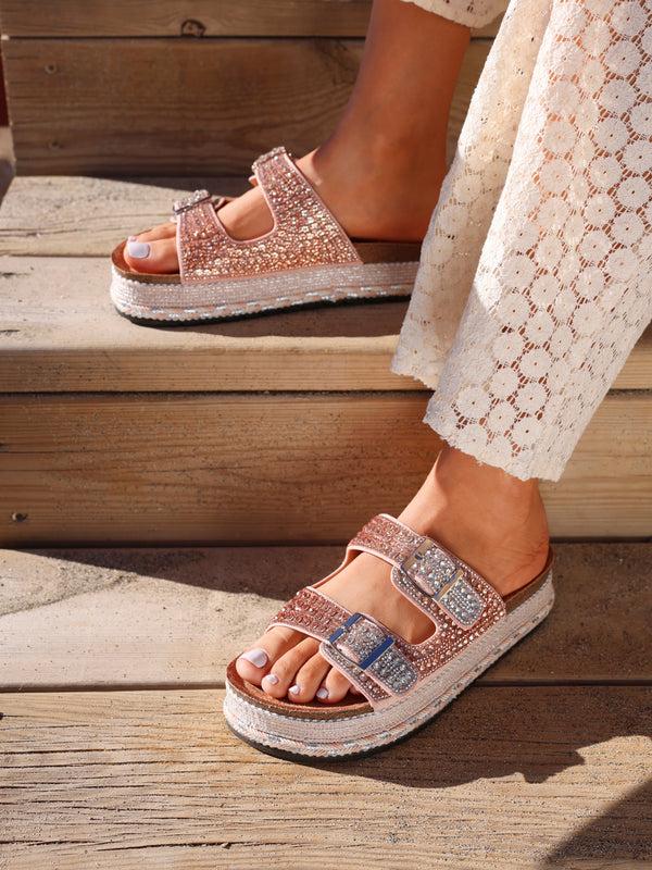 linzi Rose Gold Diamante Double Buckle Flatform Slider Sandal