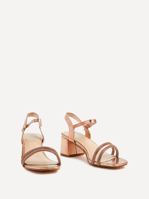 Linzi Rose Gold Faux Leather Diamante Block Heeled Sandal