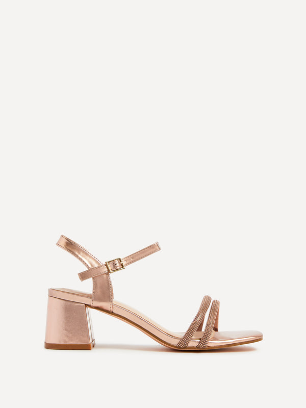 linzi Rose Gold Faux Leather Diamante Block Heeled Sandal