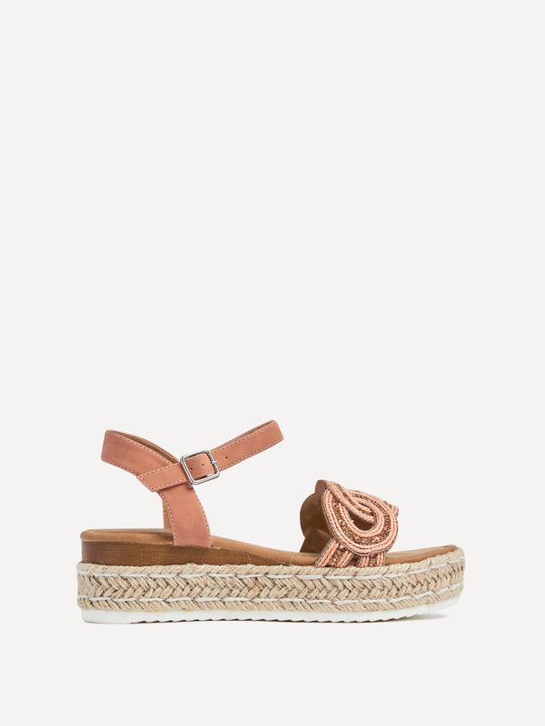 Linzi Rose Gold Faux Leather Flatform Sandal With Embellished Linked Upper