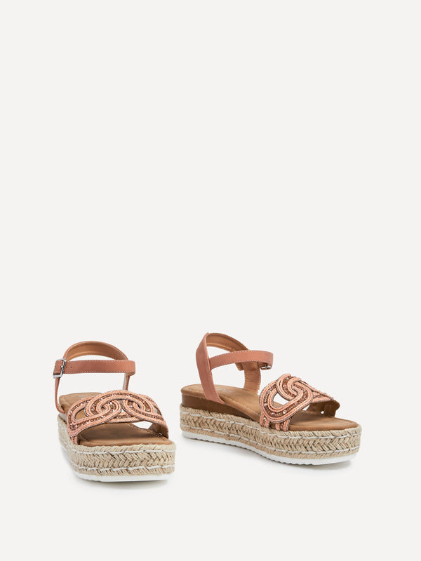 Linzi Rose Gold Faux Leather Flatform Sandal With Embellished Linked Upper