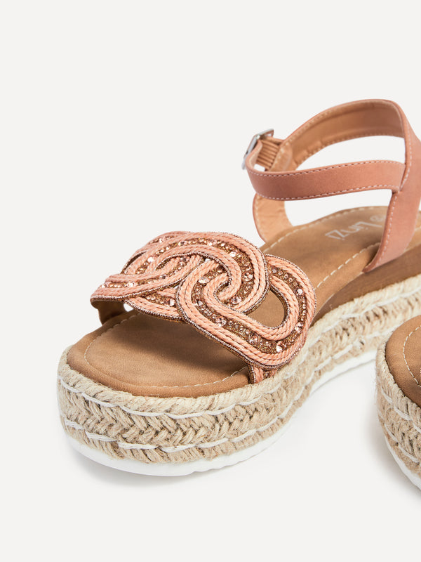 Linzi Rose Gold Faux Leather Flatform Sandal With Embellished Linked Upper