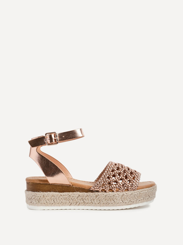 Linzi Rose Gold Faux Leather Handwoven Espadrille Flatform Sandal