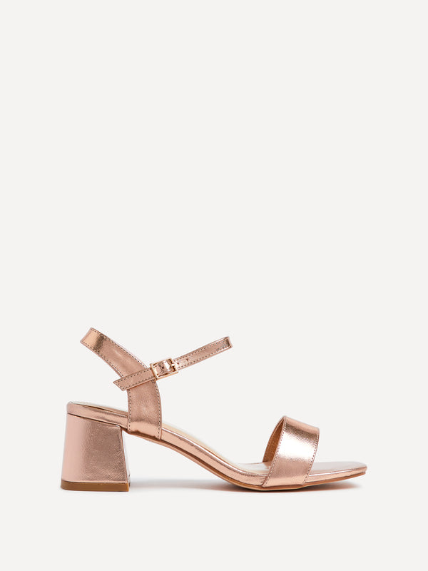 Linzi Rose Gold Faux Leather Low Chunky Block Heeled Sandal